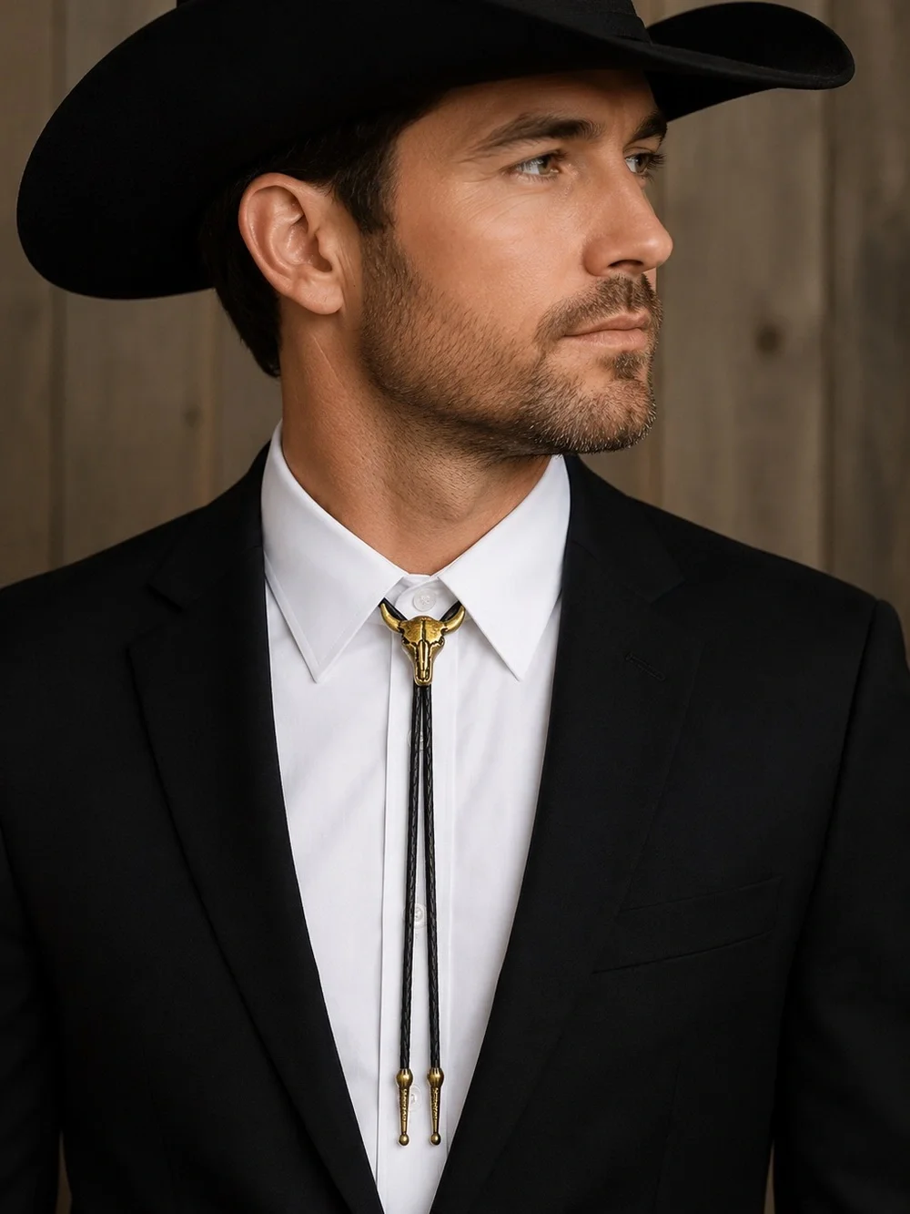 Vintage Western Longhorn Steer Skull Bolo Tie Black Braided Cord Gold Tone NEW